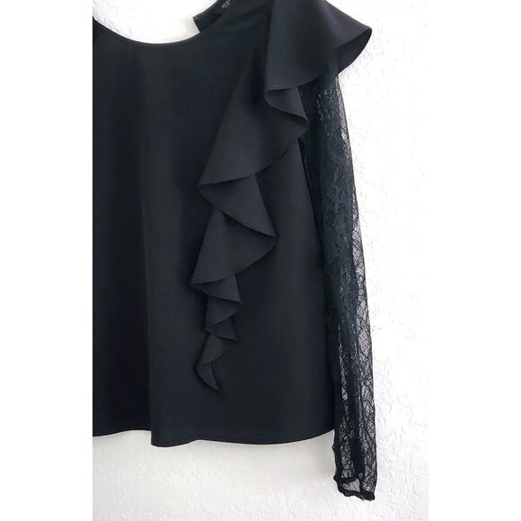 TOP/BLOUSE-GUESS-Black-Front Ruffle-Long Lace Sleeves-Pullover-Size LRG - Picture 3 of 13